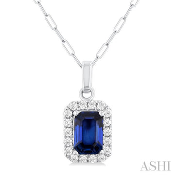6x4 MM Octagonal Shape Sapphire and 1/6 Ctw Round Cut Diamond Halo Precious Pendant with Chain in 10K White Gold